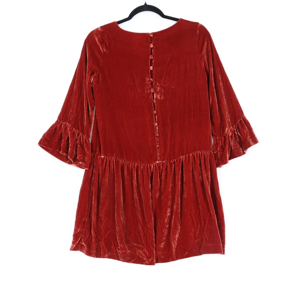 Madewell Velvet Drop Waist Dress Women XS Rust Silk Blend Ruffle Bell Sleeve
